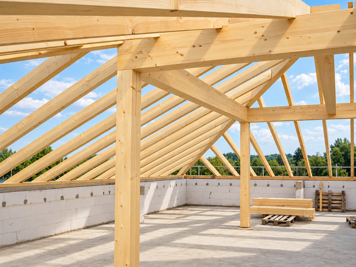 Offene Dachkonstruktion mit tragenden Holzbalken und Sparren beim Dachgeschossausbau