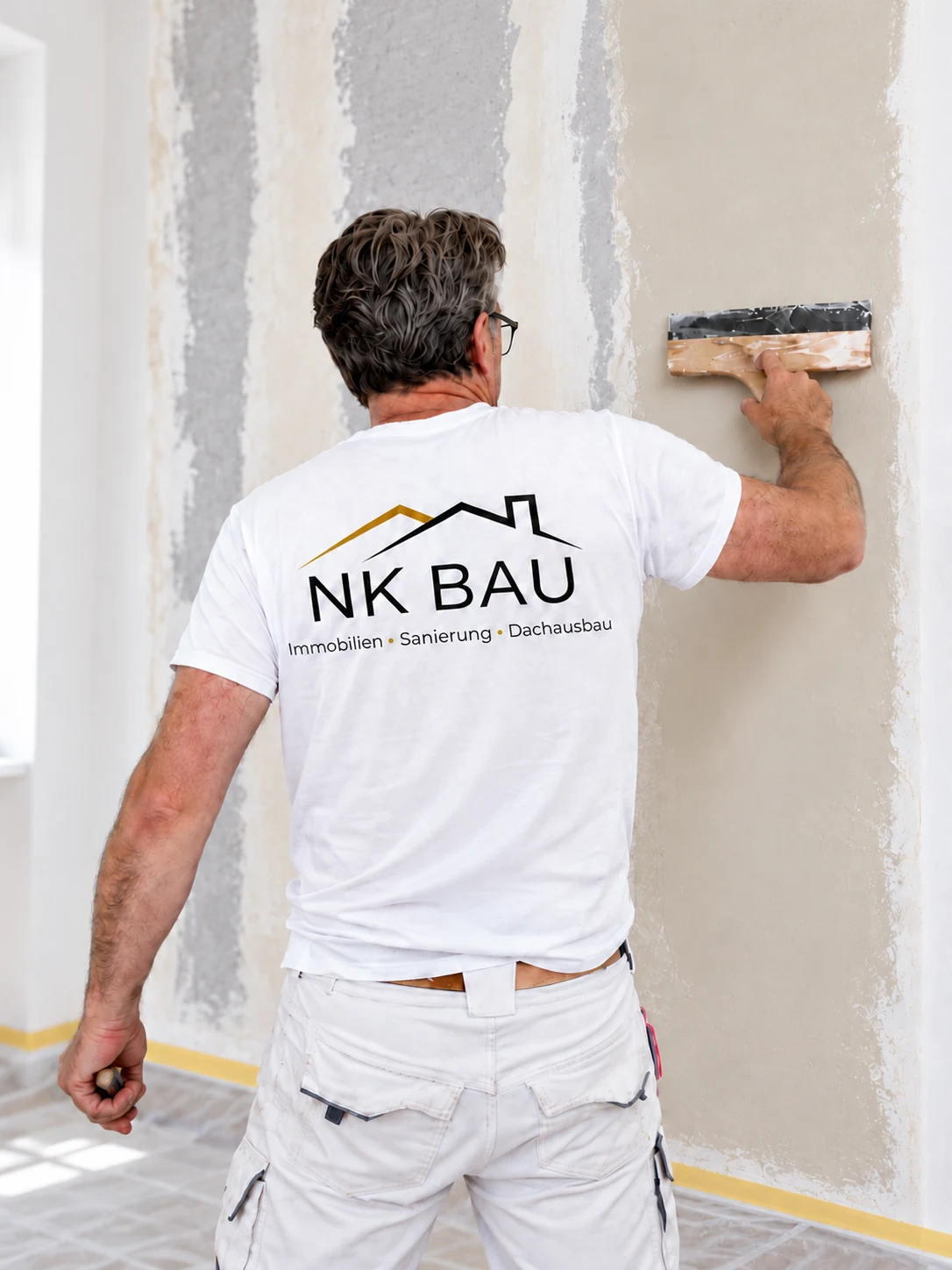 Handwerker beim Spachteln einer Wand mit vollständig sichtbarem NK-BAU-Logo auf dem weißen T-Shirt